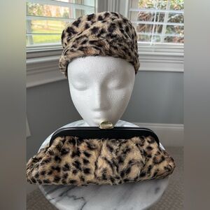 Leopard Print Faux Fur Hat and Clutch Set - Women's Accessories